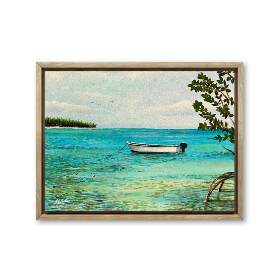 Skiff boat anchored in crystal clear shallow tropical flats water painting by RJ Boyle