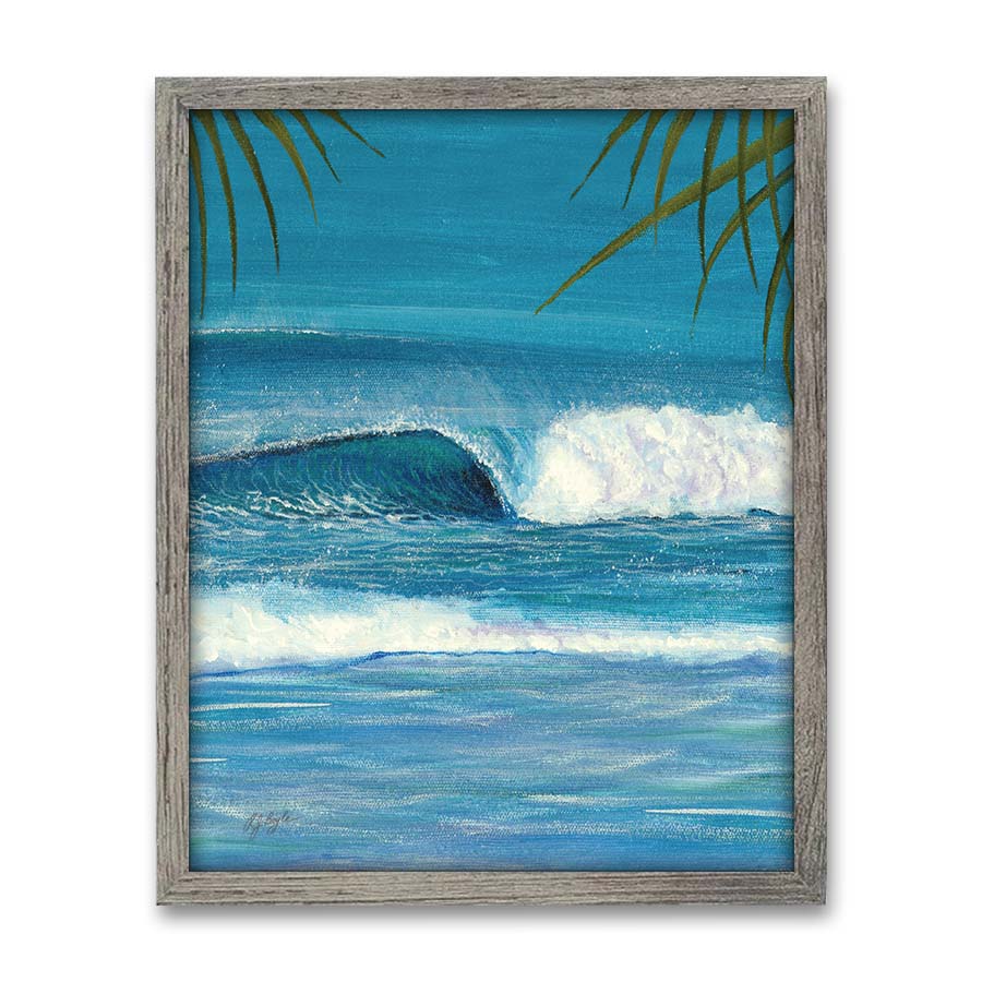 Turquoise ocean wave breaking under tropical palm fronds seascape painting by RJ Boyle