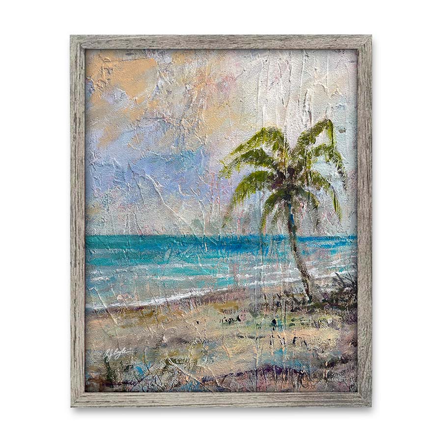 Tropical Bimini beach with leaning palm tree and turquoise Caribbean water painting by RJ Boyle