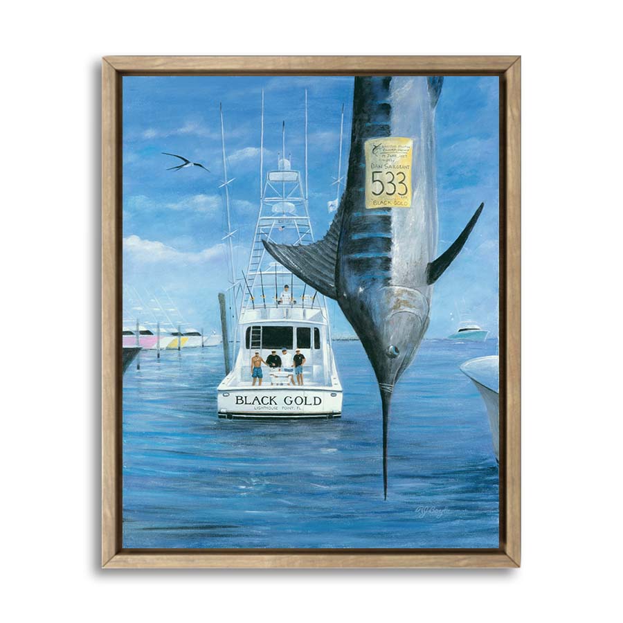 Sportfishing boat Black Gold with blue marlin jumping offshore fishing painting by RJ Boyle