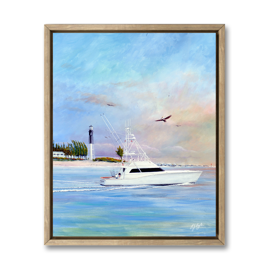 Fishing boat heading offshore at colorful sunrise over open water painting by RJ Boyle