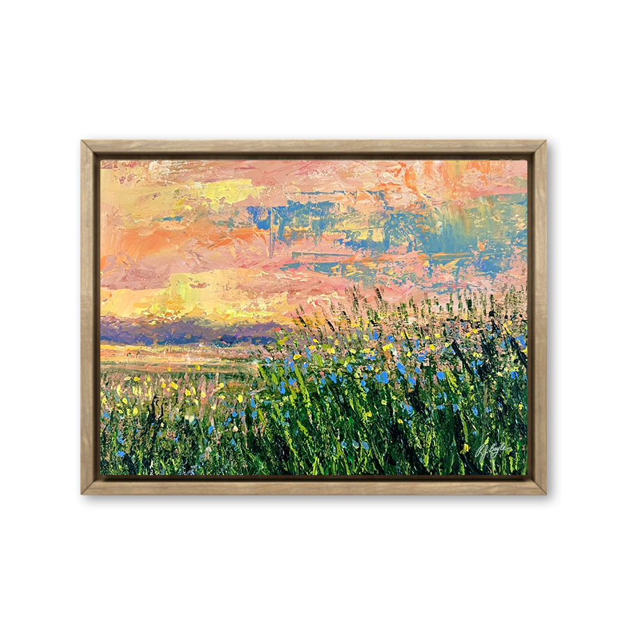 Colorful wildflowers blooming along coastal shoreline landscape painting by RJ Boyle