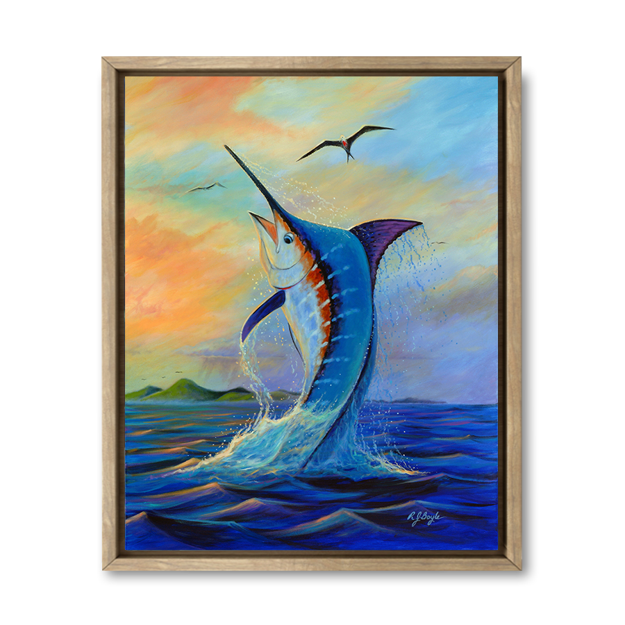 Majestic sailfish jumping from ocean with colorful sail extended fishing painting by RJ Boyle
