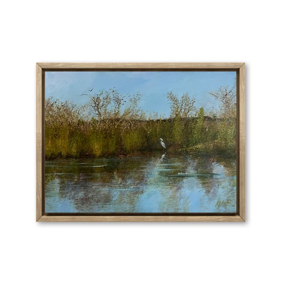 Coastal shorebird perched on weathered dock piling over water wildlife painting by RJ Boyle