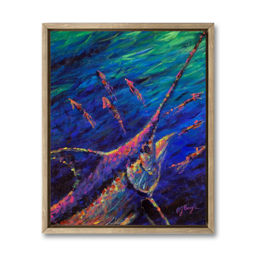 Sportfishing vessel Pumpkin in offshore tournament fishing action painting by RJ Boyle