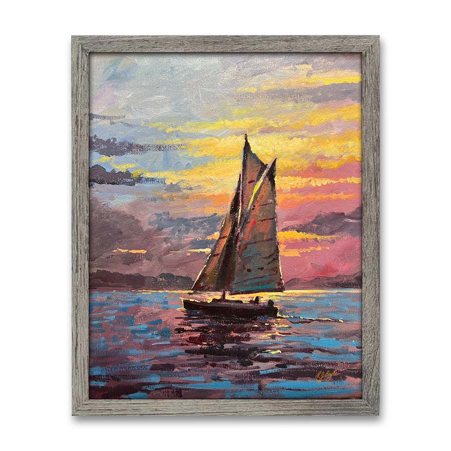 Sailing vessel gliding on calm water at golden sunset nautical painting by RJ Boyle