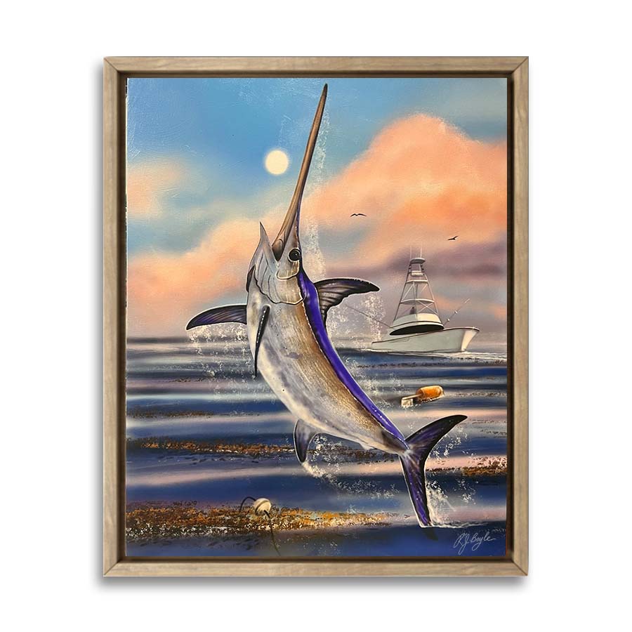 Sportfishing boat drifting on calm offshore ocean waters between bites painting by RJ Boyle