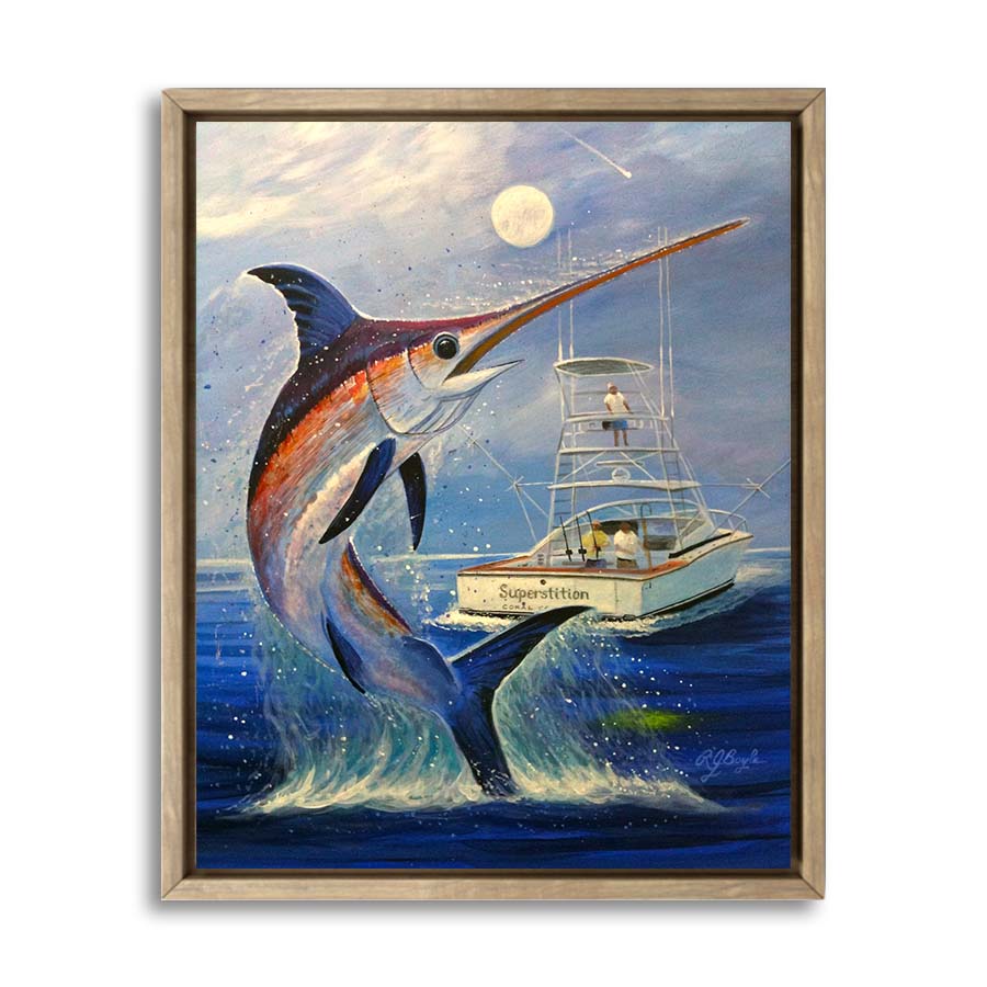 Blue marlin tail-walking alongside sportfishing boat big game fishing painting by RJ Boyle