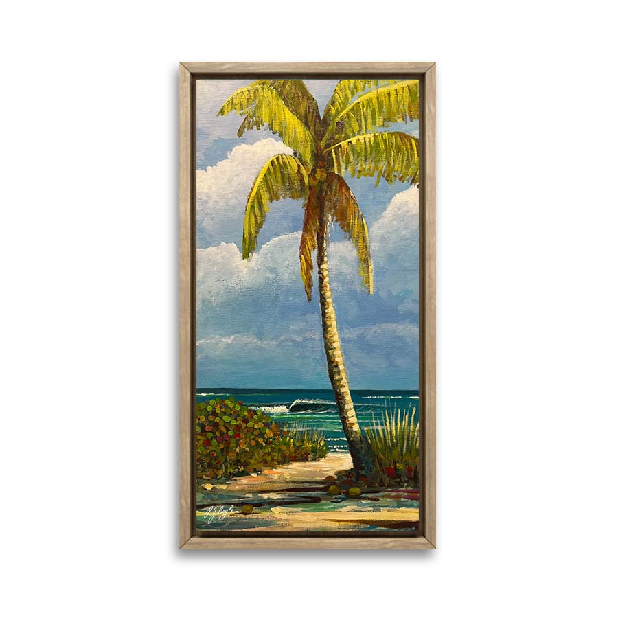 Surfer walking on tropical beach with surfboard and ocean waves painting by RJ Boyle