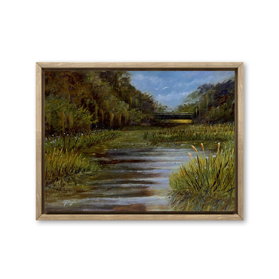 Weathered old bridge over calm coastal waters nostalgic Florida waterway painting by RJ Boyle
