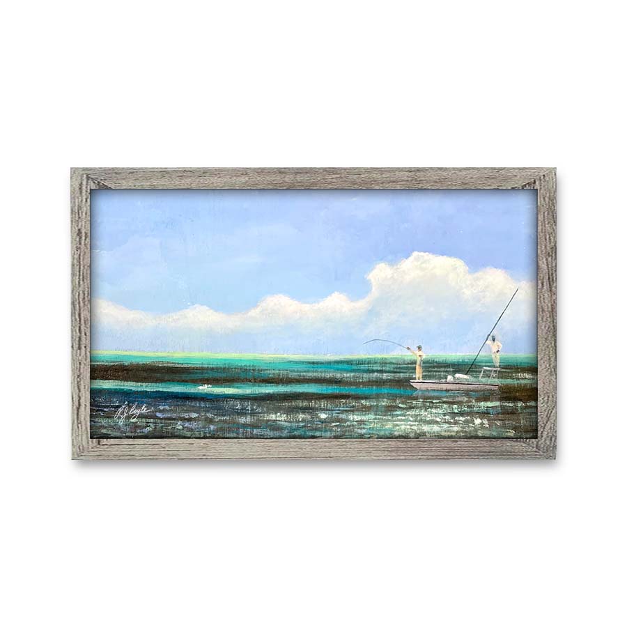 Flats fishing boat under bright midday sun on shallow water inshore painting by RJ Boyle