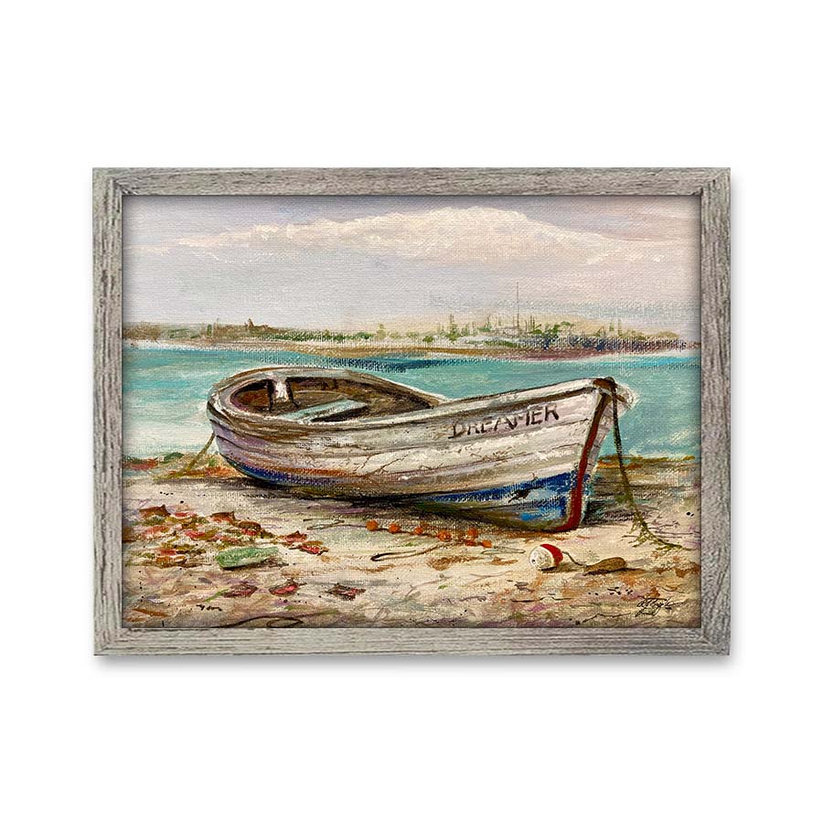 Classic wooden sailboat resting on tropical shoreline under palm trees painting by RJ Boyle