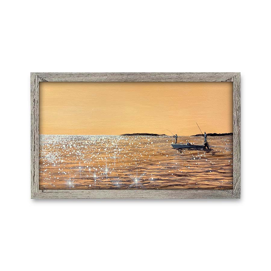 Golden hour sunset over calm inshore coastal waters with warm reflections painting by RJ Boyle