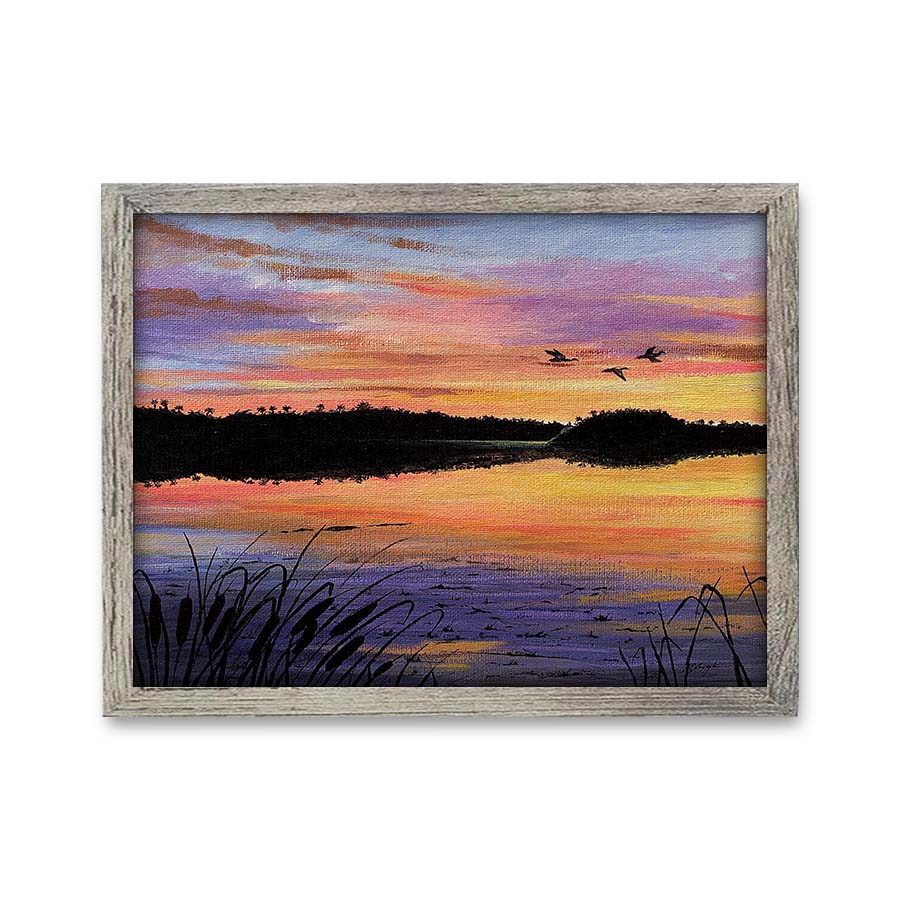 Wading birds flying over backcountry flats at golden hour sunset painting by RJ Boyle