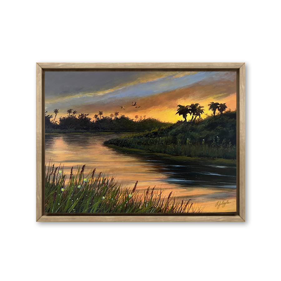 Winding marsh creek at golden sunset with sea grass coastal landscape painting by RJ Boyle