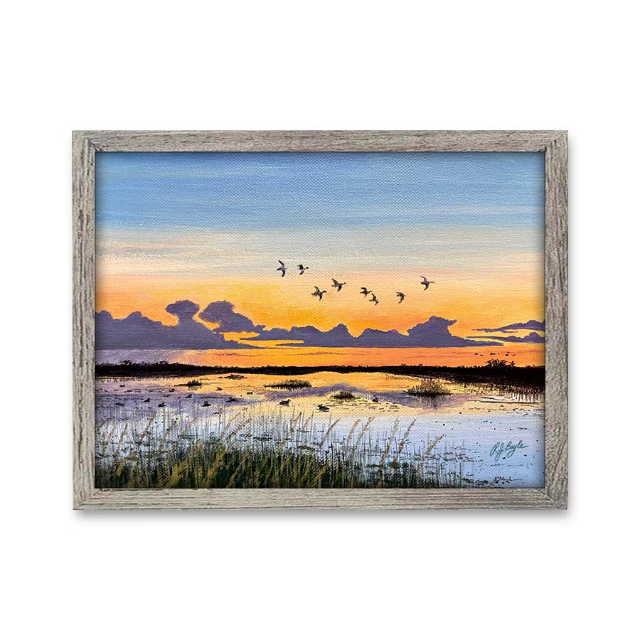 Everglades sunset with birds flying over marshland and coastal grasses painting by RJ Boyle