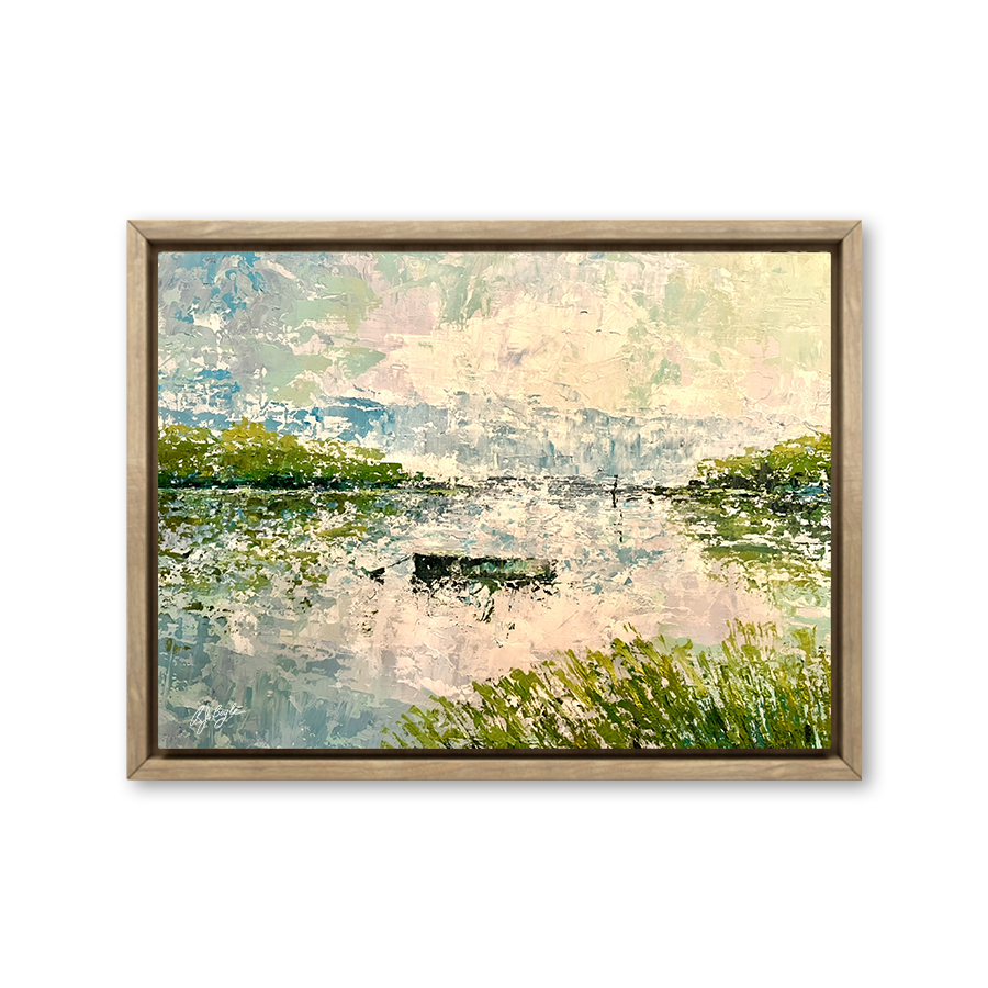 Secret cove in morning coastal haze with calm sheltered waters painting by RJ Boyle