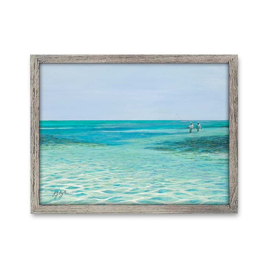 Angler wading knee deep in crystal clear tropical flats water fishing painting by RJ Boyle