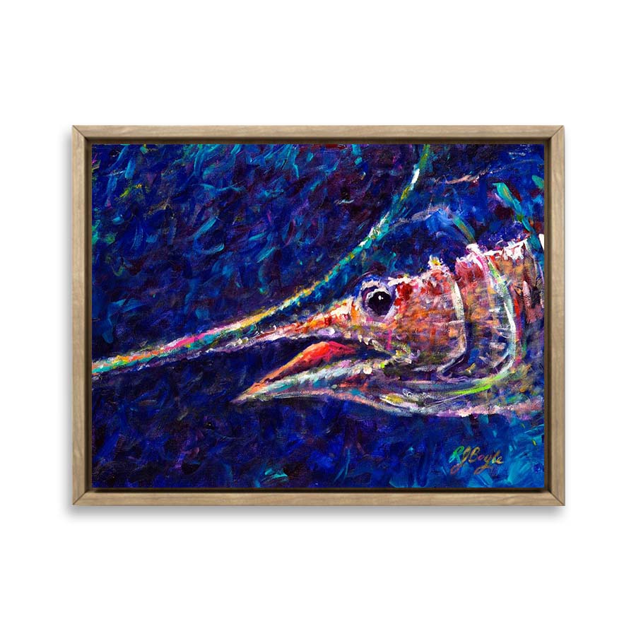 Blue marlin jumping from ocean in impressionist painting style by marine artist RJ Boyle