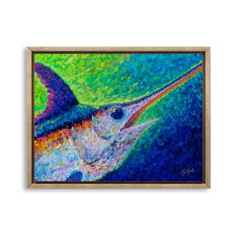 Swordfish in bold impressionist painting style with deep blue ocean by RJ Boyle