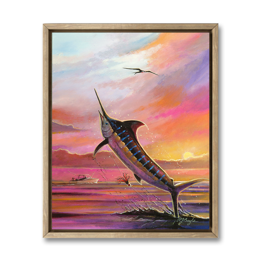 Dramatic red sunset sky with fishing boat heading home offshore seascape painting by RJ Boyle