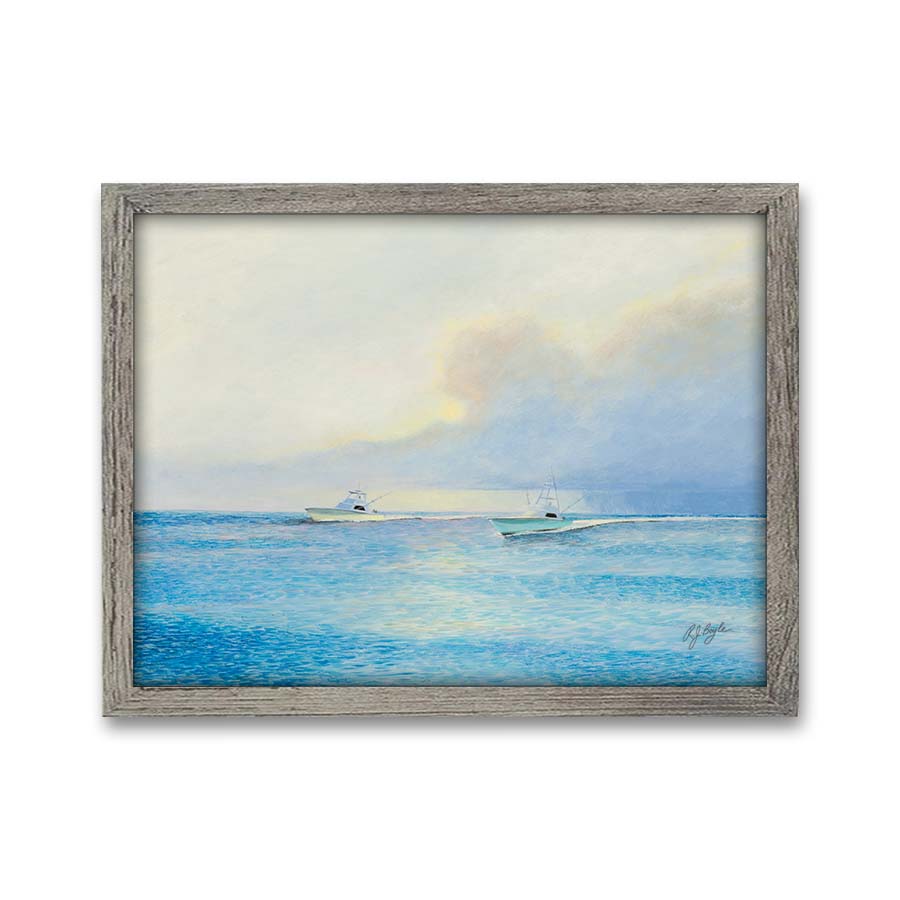 Angler wading through shallow inshore flats at dawn fishing painting by RJ Boyle