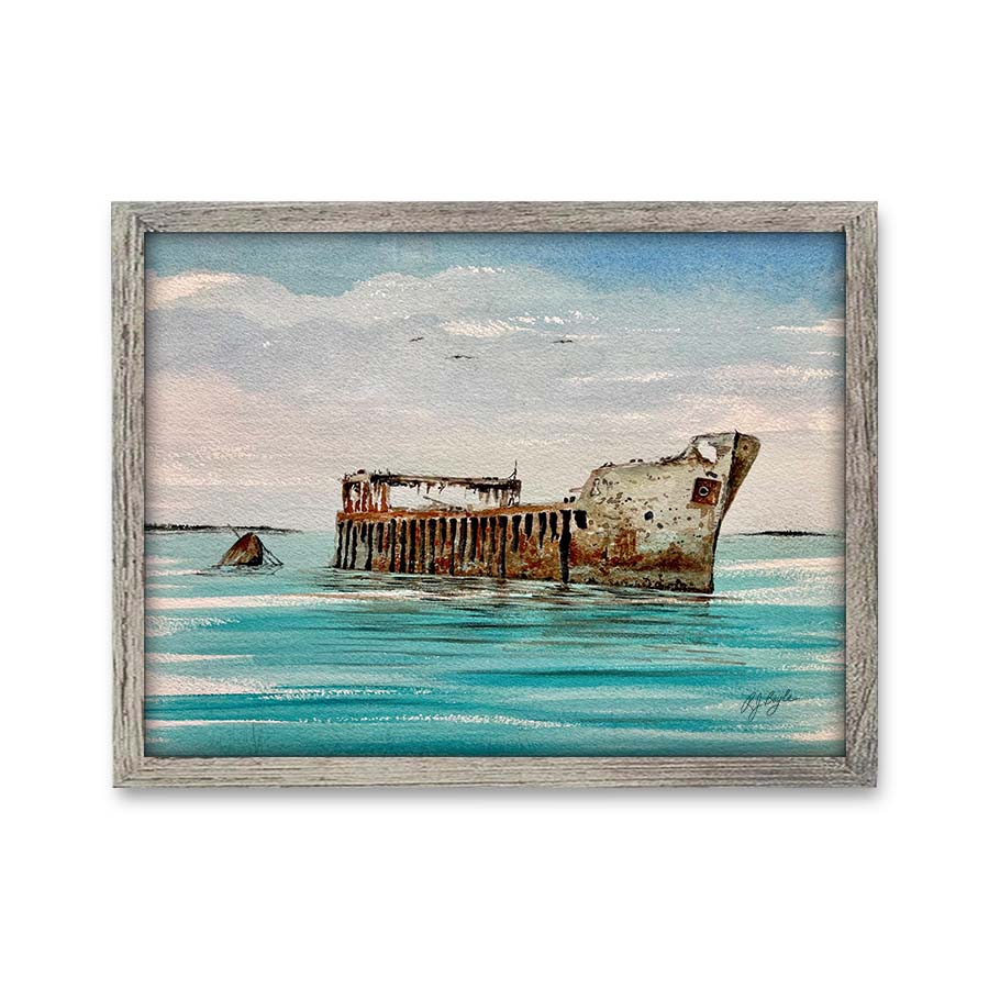 SS Sapona shipwreck in crystal clear Bimini Bahamas waters marine painting by RJ Boyle