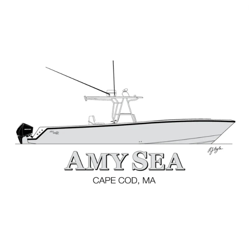 2D line art center console fishing boat design drawing by RJ Boyle